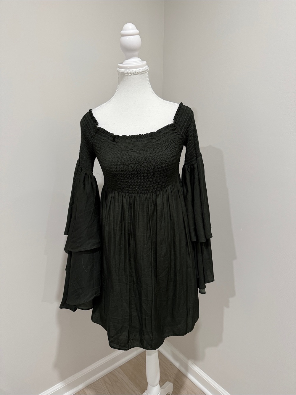Black Smocked Square-Neck Dress with Tiered Bell Sleeves